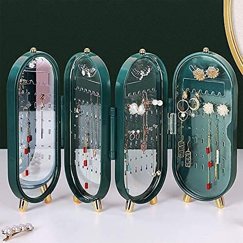Jewellery Box Organiser with Mirror - Foldable Exquisite Dustproof Jewelry Storage Case Multi-Function Screen Shaped Metal Display Jewelry Stand for Earring - Necklace & Bracelet