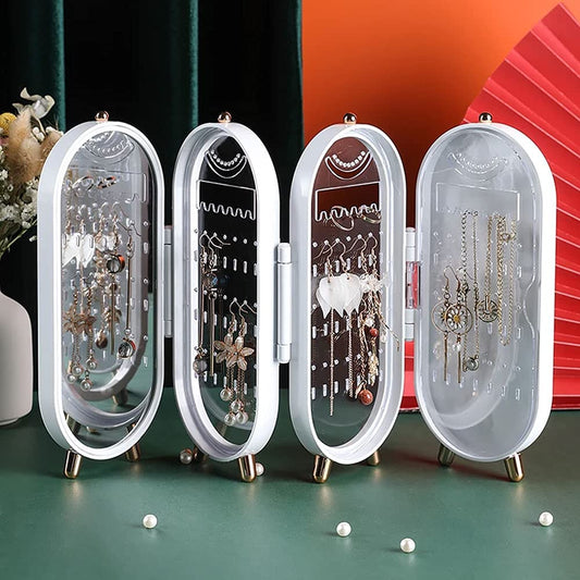 Jewellery Box Organiser with Mirror - Foldable Exquisite Dustproof Jewelry Storage Case Multi-Function Screen Shaped Metal Display Jewelry Stand for Earring - Necklace & Bracelet