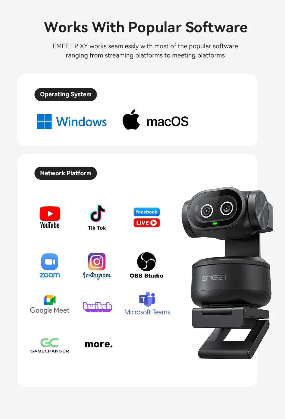 4K Webcam EMEET PIXY Dual-Camera AI Tracking Video Camera for Live Streaming With Sony Sensor Gesture Control Autofocus 3 Mics
