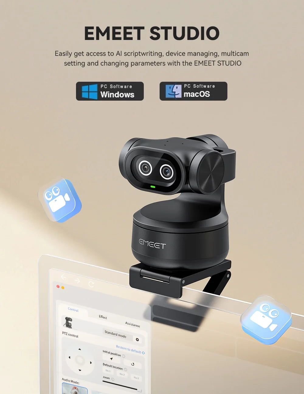 4K Webcam EMEET PIXY Dual-Camera AI Tracking Video Camera for Live Streaming With Sony Sensor Gesture Control Autofocus 3 Mics