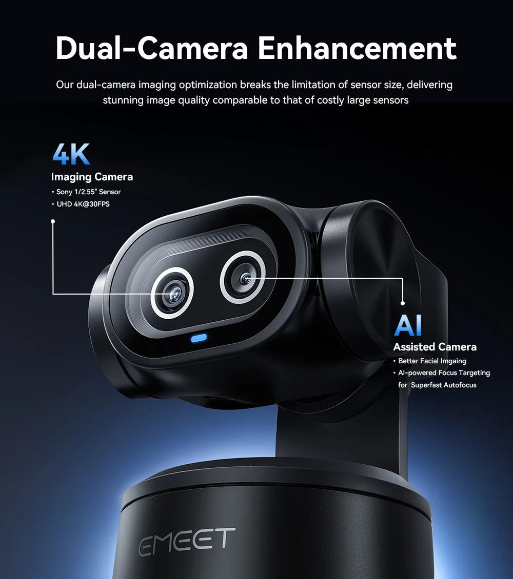 4K Webcam EMEET PIXY Dual-Camera AI Tracking Video Camera for Live Streaming With Sony Sensor Gesture Control Autofocus 3 Mics