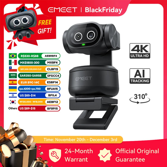 4K Webcam EMEET PIXY Dual-Camera AI Tracking Video Camera for Live Streaming With Sony Sensor Gesture Control Autofocus 3 Mics